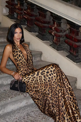 Nayela – Leopard Maxi Dress with Open Back and Halter Neckline