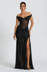 Sylarine – Bardot dress with sheer details and a slit