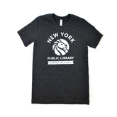 A charcoal black crew neck t-shirt with the New York Public Library logo printed in the center. Text reads: New York Public Library. Established 1895.