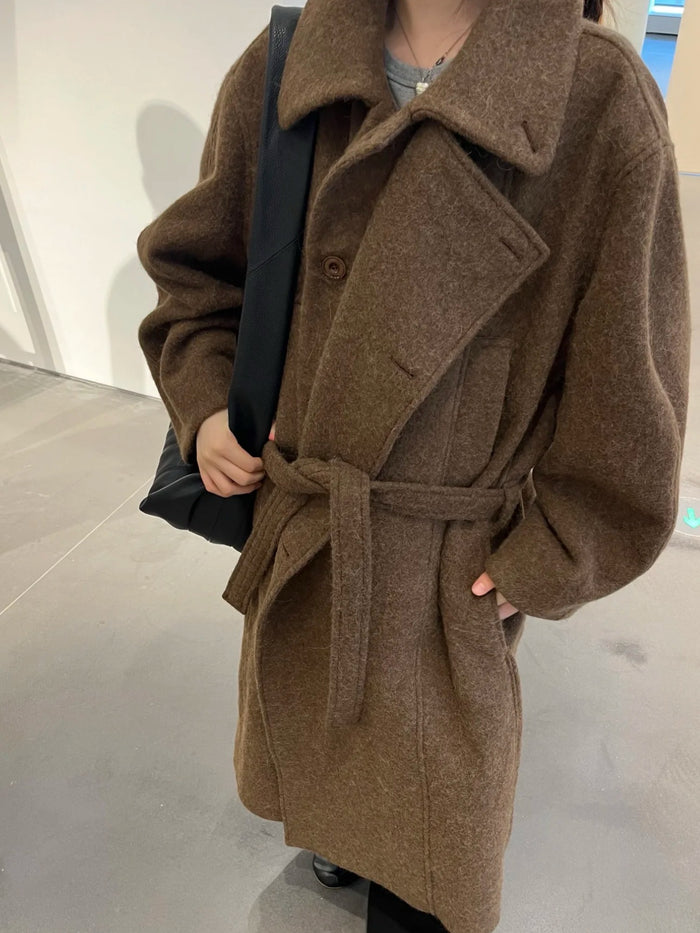 Lemaire Alpaca Wool Blend Trench Coat - Brown Stand Collar Robe