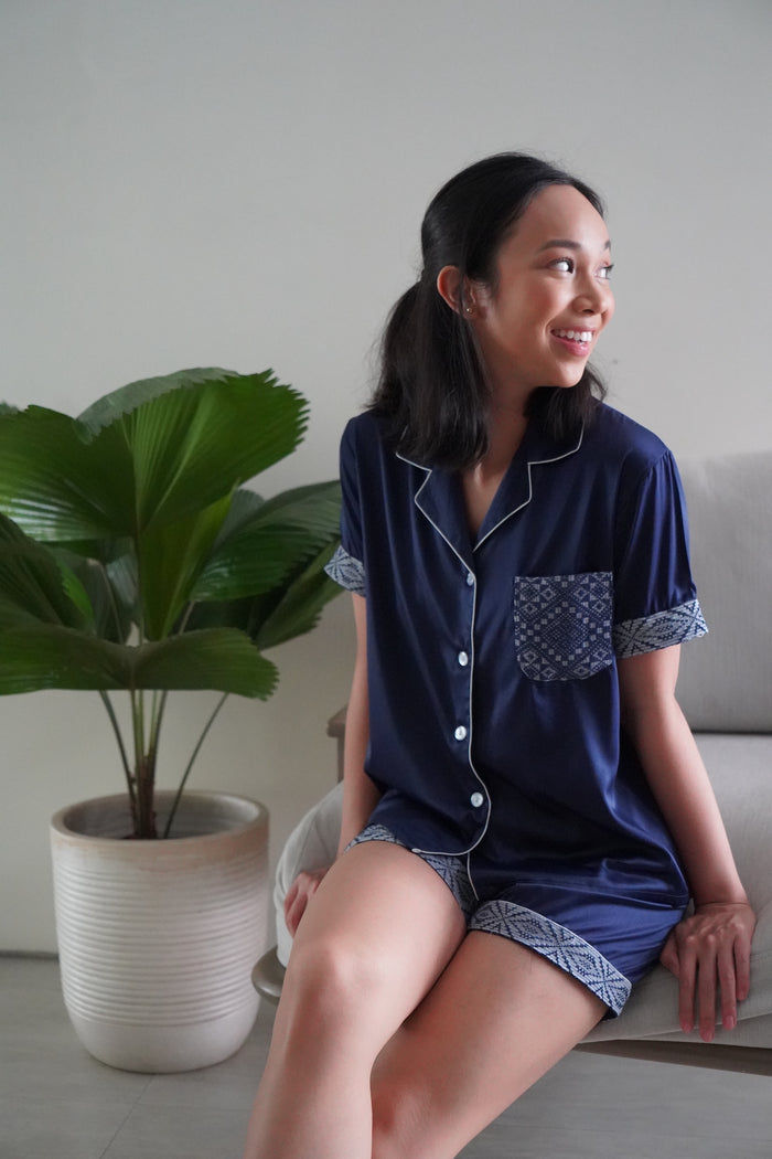 Navy blue silk shorts set