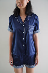 Navy blue silk shorts set