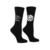 A pair of black unisex socks with a quote and the NYPL logo printed on them. One sock says: Think before you speak.