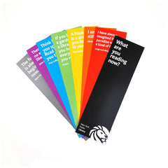 A collection of colorful paper bookmarks with quotes printed on them, fanned out on a white background.