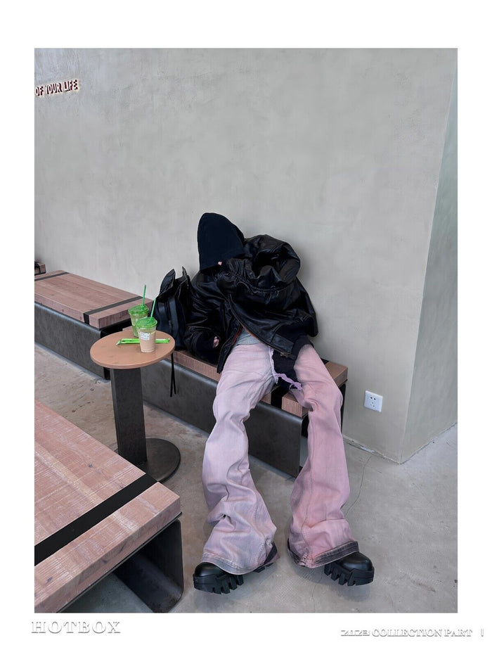 RO Rick Owens Pink Patchwork Coating Slim Flared High Street Distressed Washed Denim Jeans - Size avaliable M ~ XXL