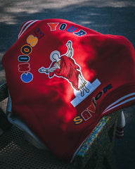 Saint Michael Casual Couple’s Baseball Jacket Red Embroidered Patch