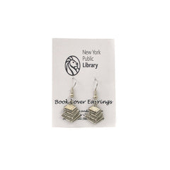 Silver earrings on gray backing that reads: New York Public Library. Booklover earrings.