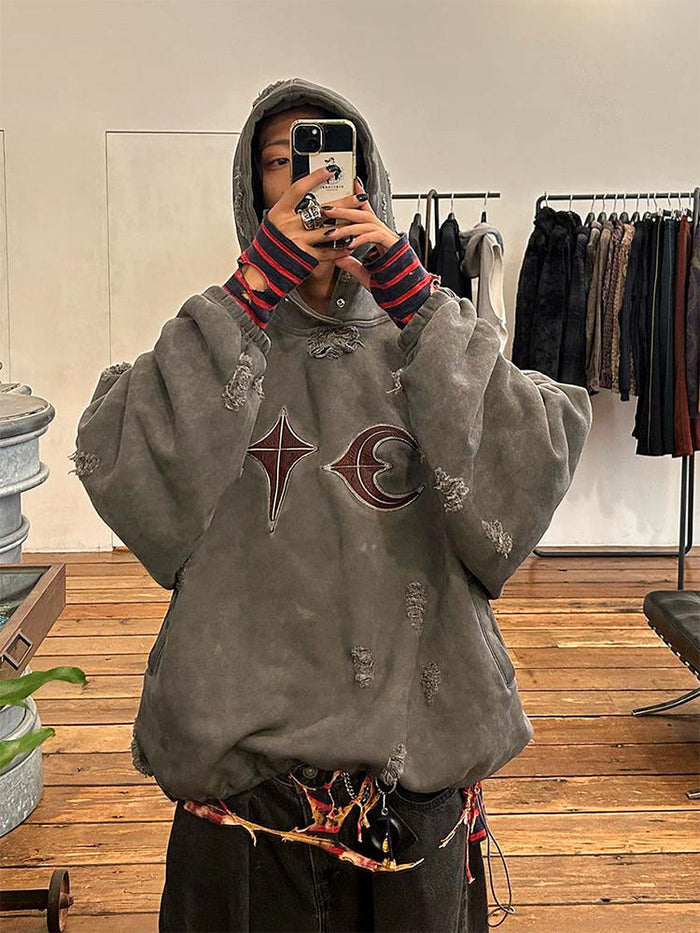 Thug Club Heavy Washed Distressed Patchwork Leather Embroidered Ripped Hoodie - Size avaliable S M L