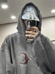 Thug Club Heavy Washed Distressed Patchwork Leather Embroidered Ripped Hoodie - Size avaliable S M L