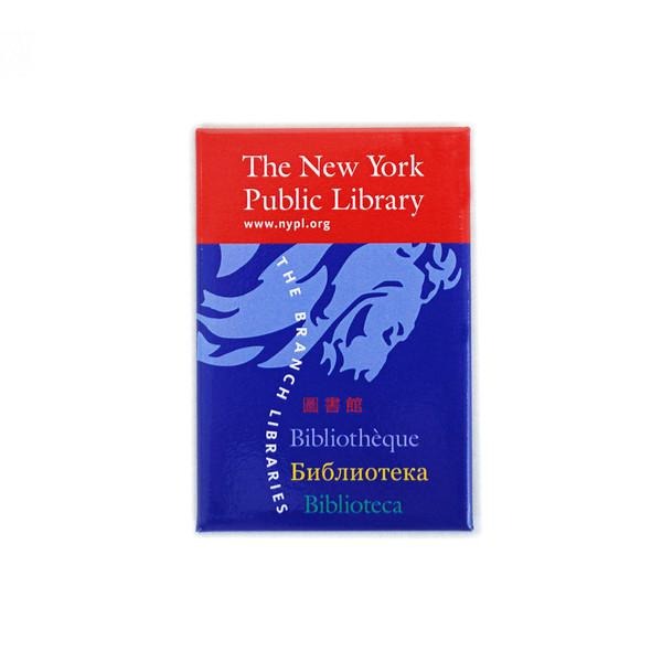 Rectangular magnet featuring a red and blue vintage NYPL library card.