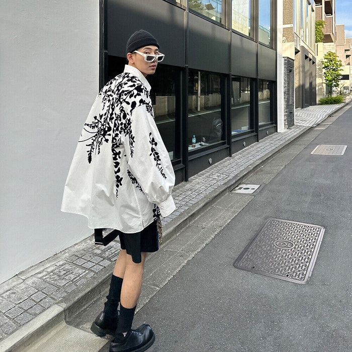 23FW【J Ver】Cold Branches Floral Plush Fine Spun Washed Cotton Loose Sleeve Shirt - White