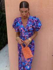 Milviana – Statement Print Midi Dress with Pleated Details