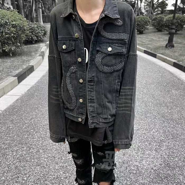 AMIRI Black Snake Embroidered Denim Jacket - Washed High-Street