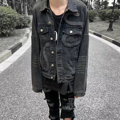 AMIRI Black Snake Embroidered Denim Jacket - Washed High-Street