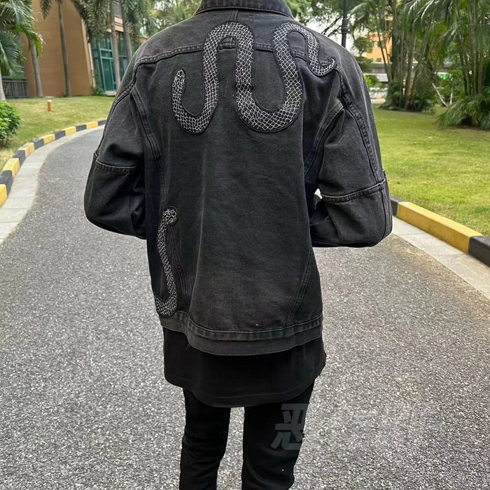 AMIRI Black Snake Embroidered Denim Jacket - Washed High-Street