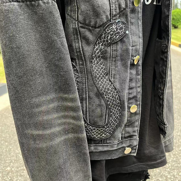 AMIRI Black Snake Embroidered Denim Jacket - Washed High-Street