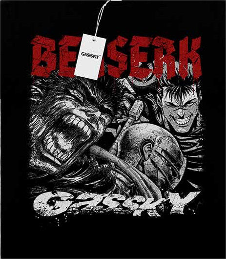 Berserk Guts The Black Swordsman Vintage Anime Print Tee Washed Short Sleeve