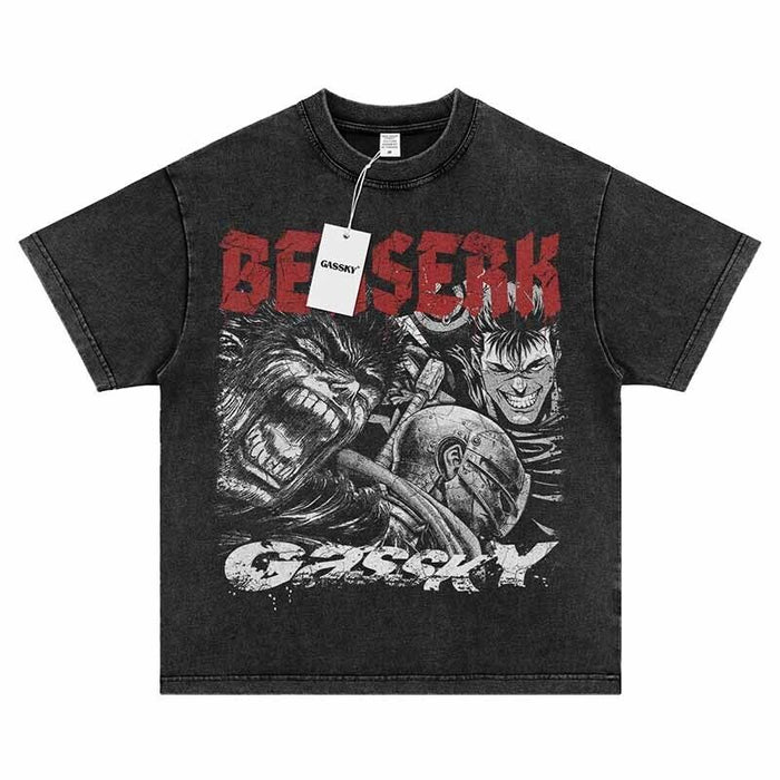Berserk Guts The Black Swordsman Vintage Anime Print Tee Washed Short Sleeve