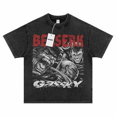 Berserk Guts The Black Swordsman Vintage Anime Print Tee Washed Short Sleeve