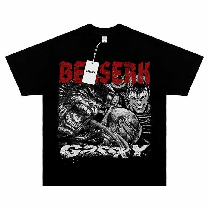 Berserk Guts The Black Swordsman Vintage Anime Print Tee Washed Short Sleeve