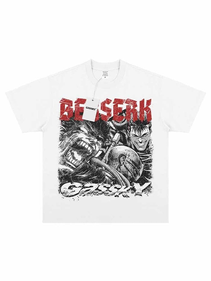 Berserk Guts The Black Swordsman Vintage Anime Print Tee Washed Short Sleeve