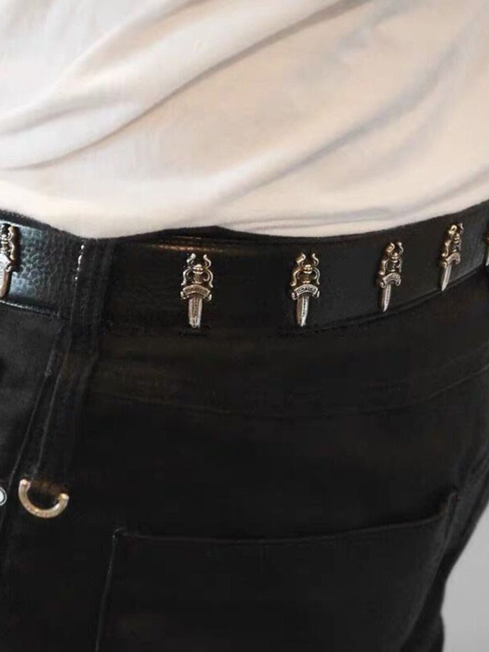 CH Ver Holy Sword Carved Roller Leather Belt Top Layer Cowhide 925 Silver-Plated