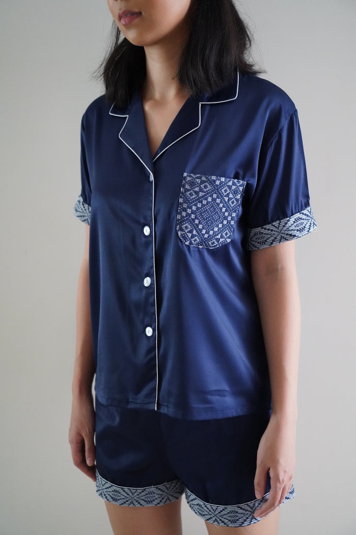 Navy blue silk shorts set