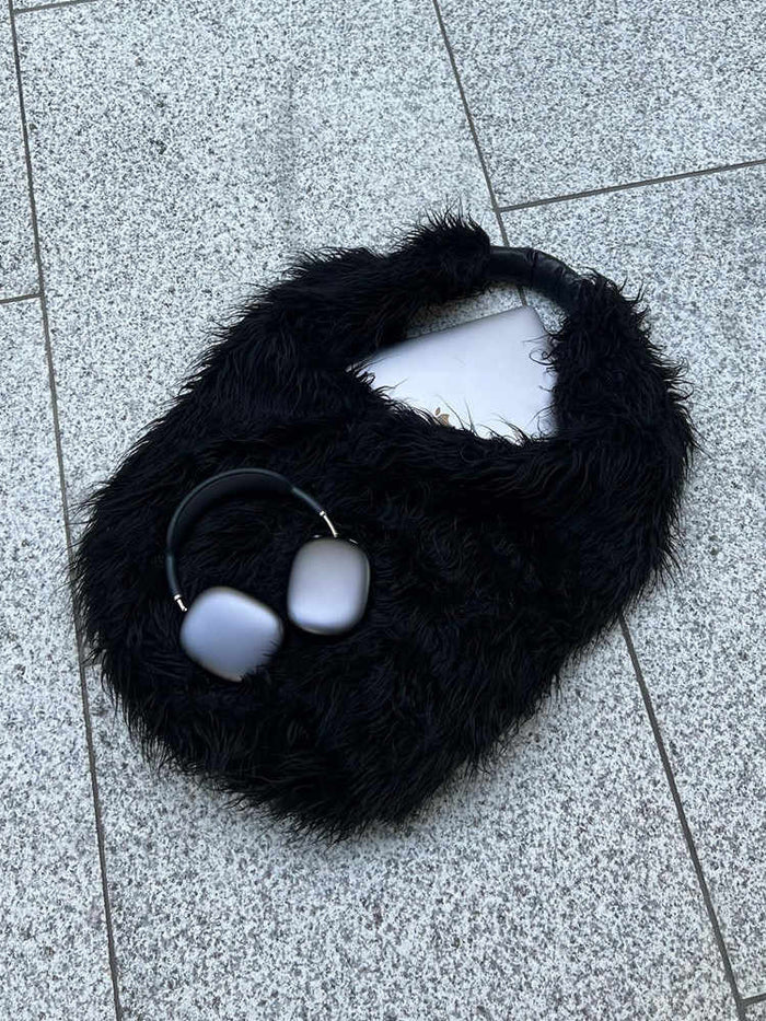 Our Legacy Faux Shearling Shoulder Bag - Oversized Furry Tote Faux Fur Crossbody - Black