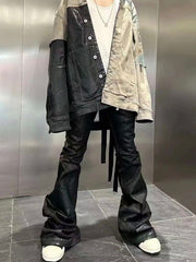 Rick Owen ACBT Dark Waxed Black Denim Pants – High Stretch Flared Wide-Leg Trousers - Size avaliable 28~34