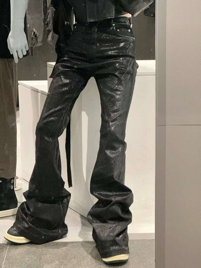 Rick Owen ACBT Dark Waxed Black Denim Pants – High Stretch Flared Wide-Leg Trousers - Size avaliable 28~34