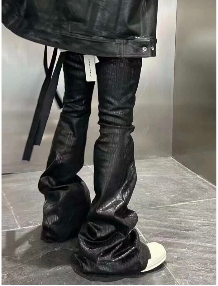 Rick Owen ACBT Dark Waxed Black Denim Pants – High Stretch Flared Wide-Leg Trousers - Size avaliable 28~34