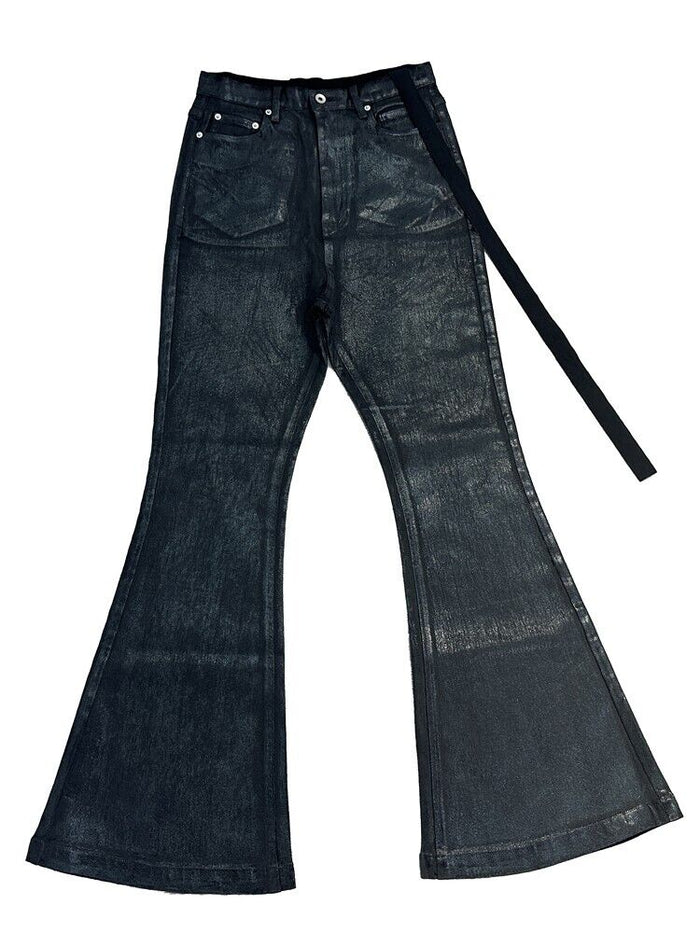 Rick Owen ACBT Dark Waxed Black Denim Pants – High Stretch Flared Wide-Leg Trousers - Size avaliable 28~34