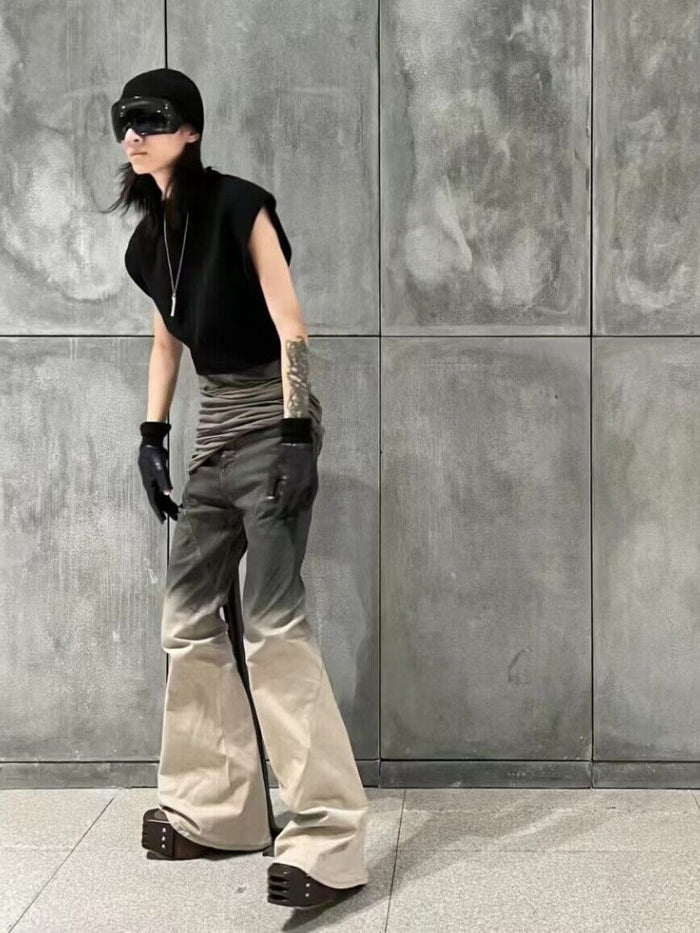 RO Gradient Flared Stacked Jeans - Rick Owen Mud Wash Darkwear Denim - donclickin