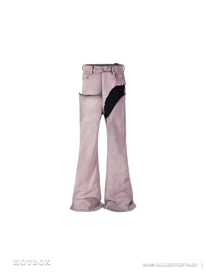 RO Rick Owens Pink Patchwork Coating Slim Flared High Street Distressed Washed Denim Jeans - Size avaliable M ~ XXL