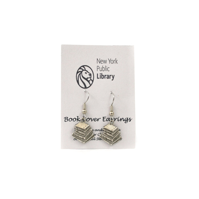 Silver earrings on gray backing that reads: New York Public Library. Booklover earrings.