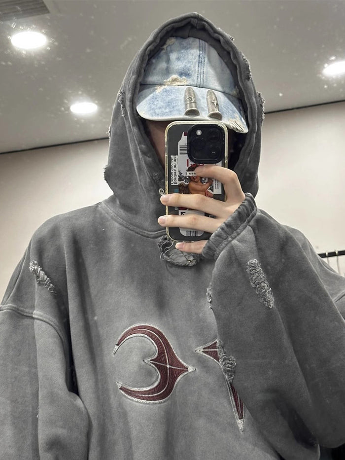 Thug Club Heavy Washed Distressed Patchwork Leather Embroidered Ripped Hoodie - Size avaliable S M L
