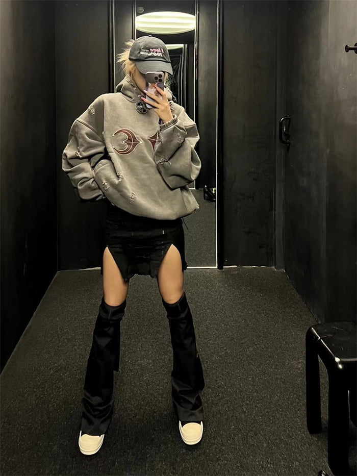 Thug Club Heavy Washed Distressed Patchwork Leather Embroidered Ripped Hoodie - Size avaliable S M L