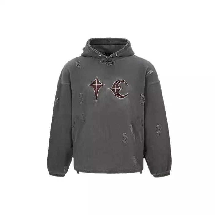 Thug Club Heavy Washed Distressed Patchwork Leather Embroidered Ripped Hoodie - Size avaliable S M L