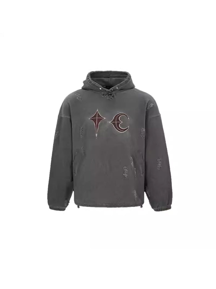 Thug Club Heavy Washed Distressed Patchwork Leather Embroidered Ripped Hoodie - Size avaliable S M L