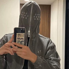 THUG CLUB Washed Wax-Dye Shark Mask Zip-Up Hoodie Outerwear Jackets - Grey