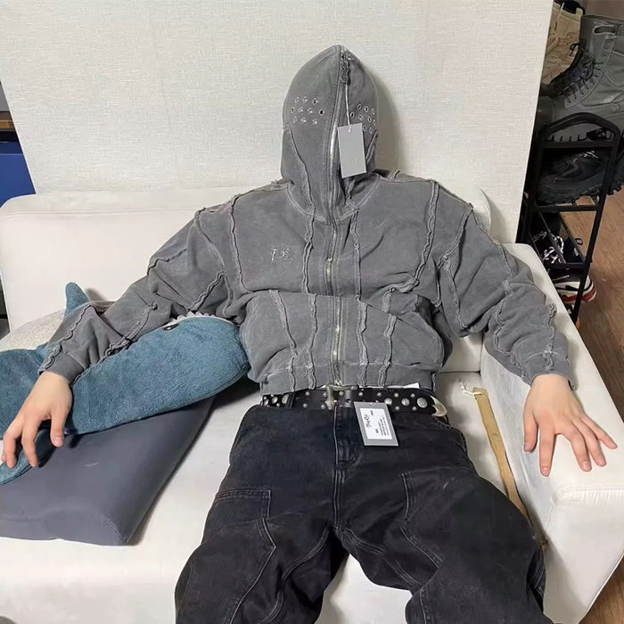 THUG CLUB Washed Wax-Dye Shark Mask Zip-Up Hoodie Outerwear Jackets