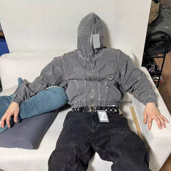 THUG CLUB Washed Wax-Dye Shark Mask Zip-Up Hoodie Outerwear Jackets