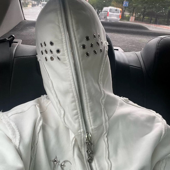 THUG CLUB Washed Wax-Dye Shark Mask Zip-Up Hoodie Outerwear Jackets