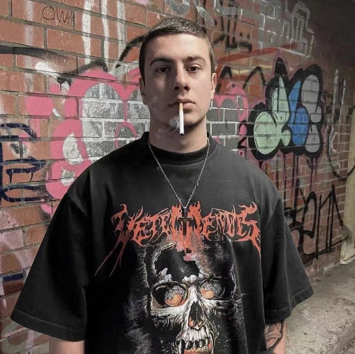 Vetement Washed Direct Print Ghost Face Skull T-Shirt Oversized Short