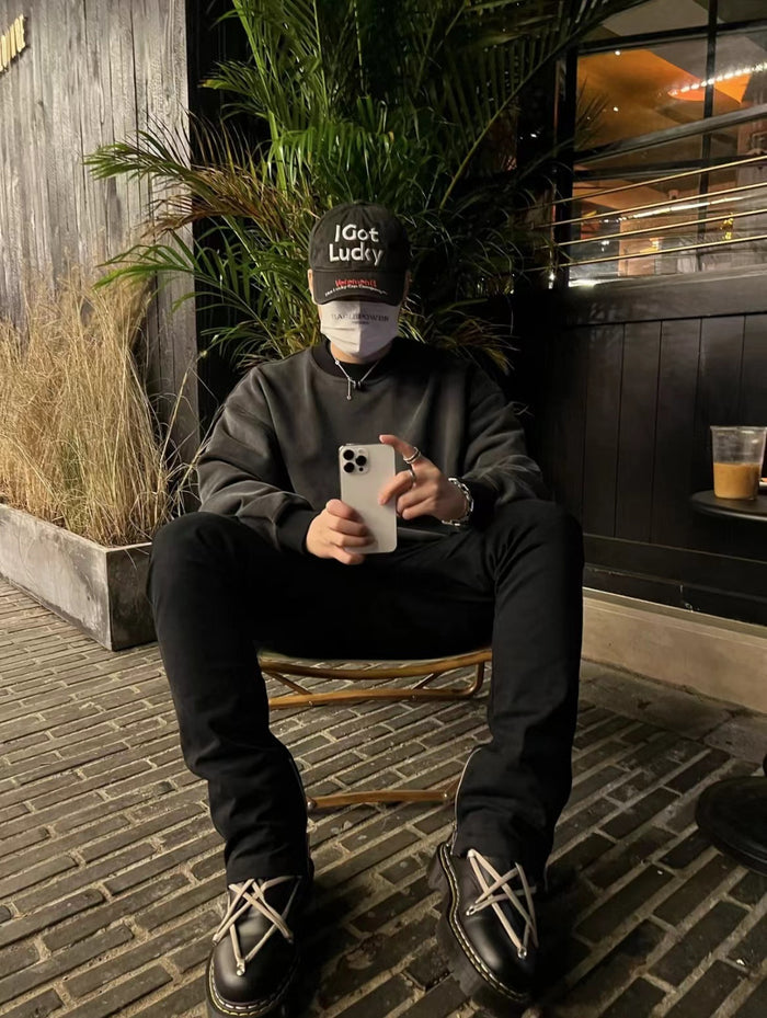 Vetements 22FW Washed Gray Embroidered Baseball Cap ’I Got Lucky’ Long Brim Hat
