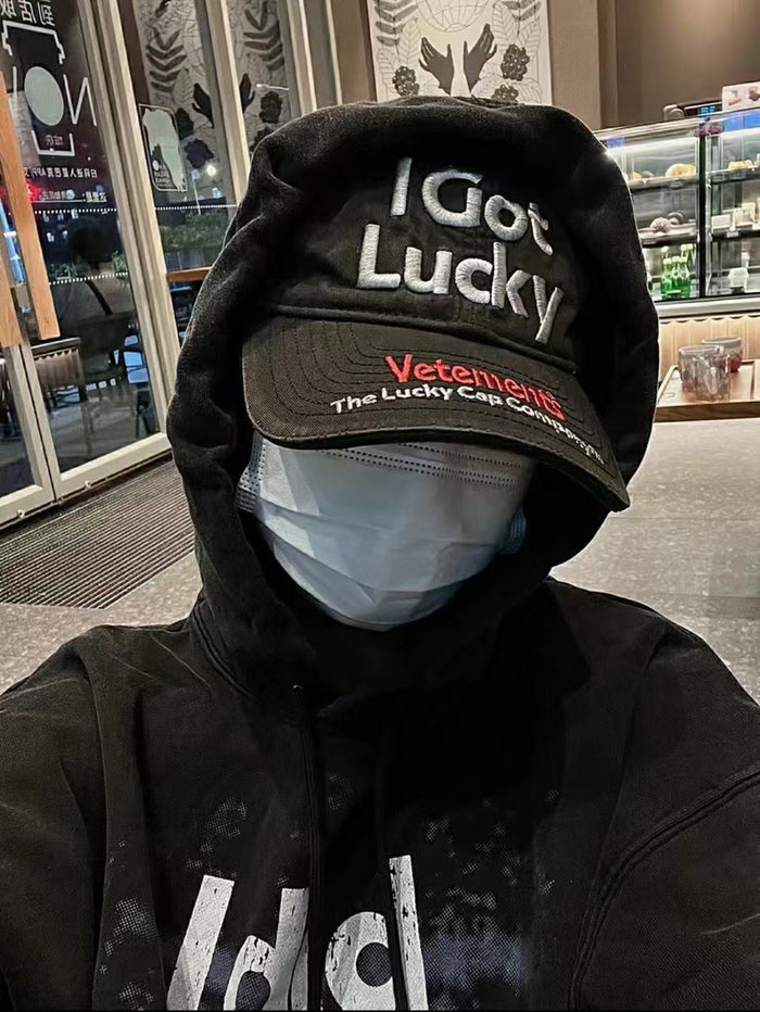 Vetements 22FW Washed Gray Embroidered Baseball Cap ’I Got Lucky’ Long Brim Hat