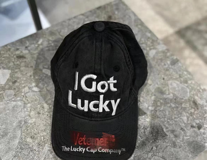 Vetements 22FW Washed Gray Embroidered Baseball Cap ’I Got Lucky’ Long Brim Hat