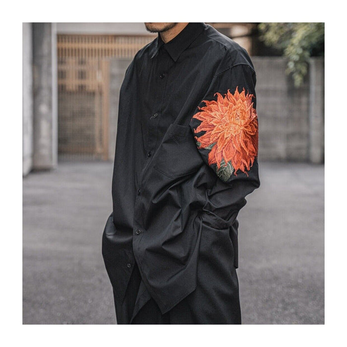 Yohji Yamamoto Red Dahlia Shirt Floral Embroidery Loose Fit Long Sleeve Shirt
