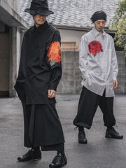 Yohji Yamamoto Red Dahlia Shirt Floral Embroidery Loose Fit Long Sleeve Shirt