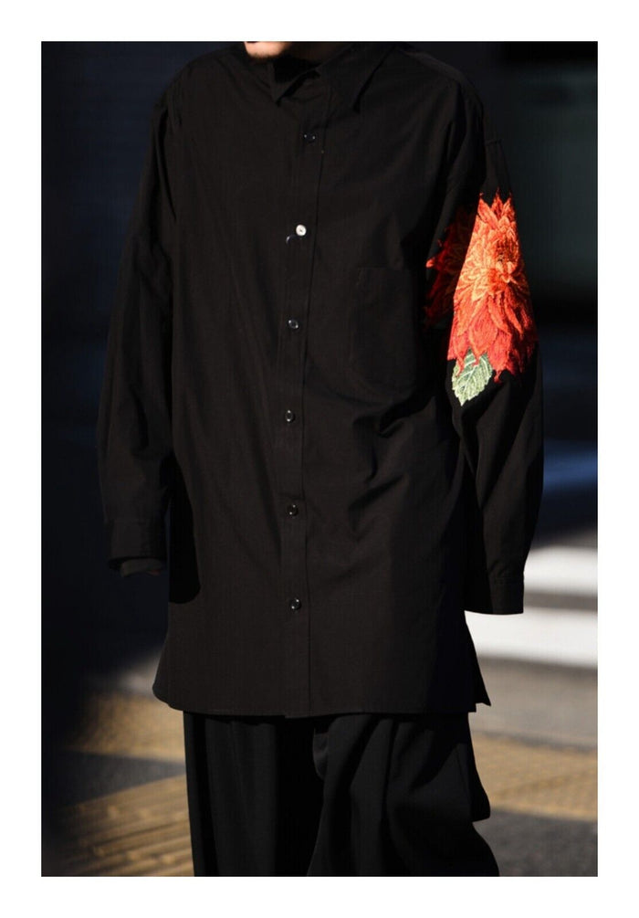 Yohji Yamamoto Red Dahlia Shirt Floral Embroidery Loose Fit Long Sleeve Shirt